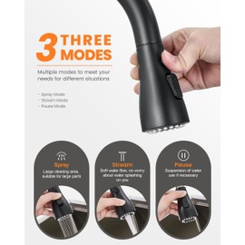 TIORIY Black Kitchen Faucet 3 Hole with Pull Down Sprayer, 2-Handle High Arc Kitchen Sink Faucet with 3 Function Spray, Stainless Steel, T-3005B