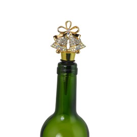 Wine Bottle Stopper Reusible Decorative Holiday Twin Bell with Ribbon Bling Crystal Rhinestones Champagne Stopper in Gold