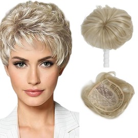 Hair Toppers for Women Short Bob with Bangs and Side Part 360° 3D Coverage 6.5x6.5 Inches Synthetic Wig Pieces Natural Looking Wig for Thinning Hair (Blonde)