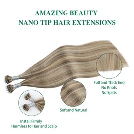 ABH AMAZINGBEAUTY HAIR Nano Bead Hair Extensions Human Hair Nano Tip Remy Hair Extensions Real Human Hair Color #8A Light Brown Mixed with #60 Ash Blonde Hair Extensions 50strands/50g/set 14 Inch