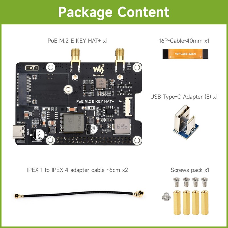 Waveshare PCIe to M.2 E Key Adapter with PoE Function,