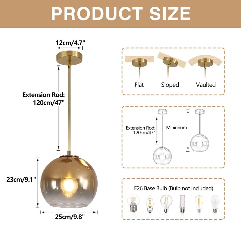 KCO Lighting 1 Light Pendant Lighting Gradient Gold Glass Pendant