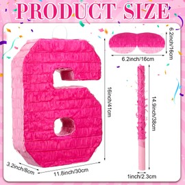 Pink Number 6 Pinata for 6th Birthday Party Decorations, Perfect for 6th Birthday Party Supplies, Fiesta, Anniversary Celebration, Birthday Pinata with Stick, Blindfold (Large 16 x 11.8 x 3.2 Inches)