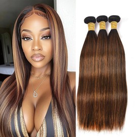 BilltiiWW Ombre Straight Bundles Human Hair P430 Straight Bundles Brown and Light Brown two tone Brazilian Human Hair Soft and Silky for Black Women 10 12 14 Inch