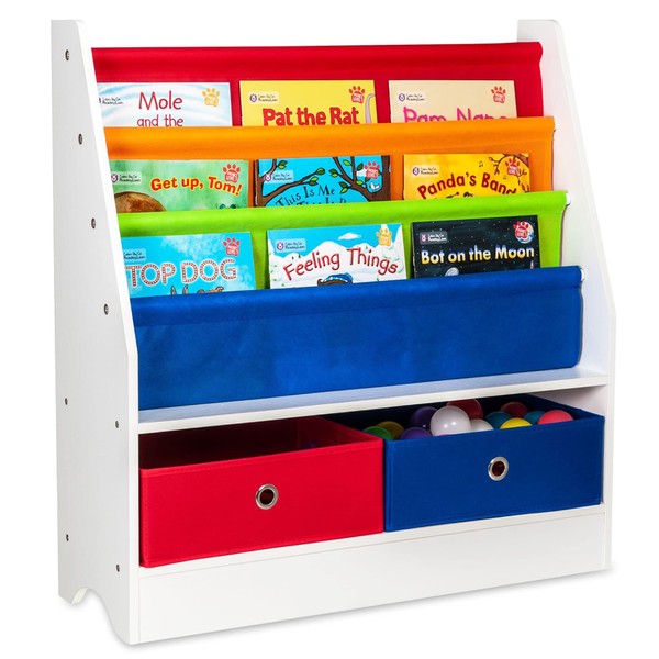 Fineway. Childrens Colourful 2 Drawer Toy Container Storage Boxes with 3 Tier Sling Book Storage Organiser Book Rack Shelf Shelves Unit (Multi Colour)