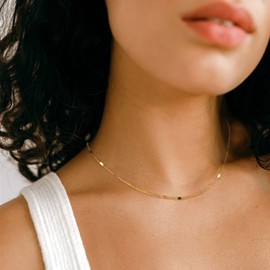 Feskive Gold Dainty Choker Necklace For Women 14k Gold/Silver Plated Delicate Dot Bar Choker Different Length Lip Satellite Necklace Minimalist Jewelry for Women