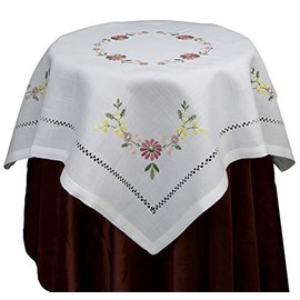 Creative Linens Hemstitched Embroidered Daisy Flower Tablecloth 34" Square Table Topper White