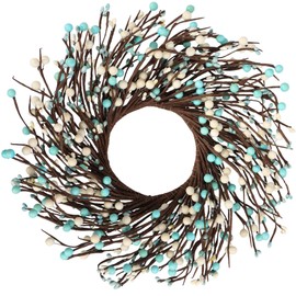 Quixem 15 Inch Rustic Teal Cream Pip Berry Candle Ring Wreath (4.5 in Inner) for Large Jars & Pillar Candles, Coastal Farmhouse Centerpiece Wreath, Tiered Tray Decor, Precise Specialized True Size