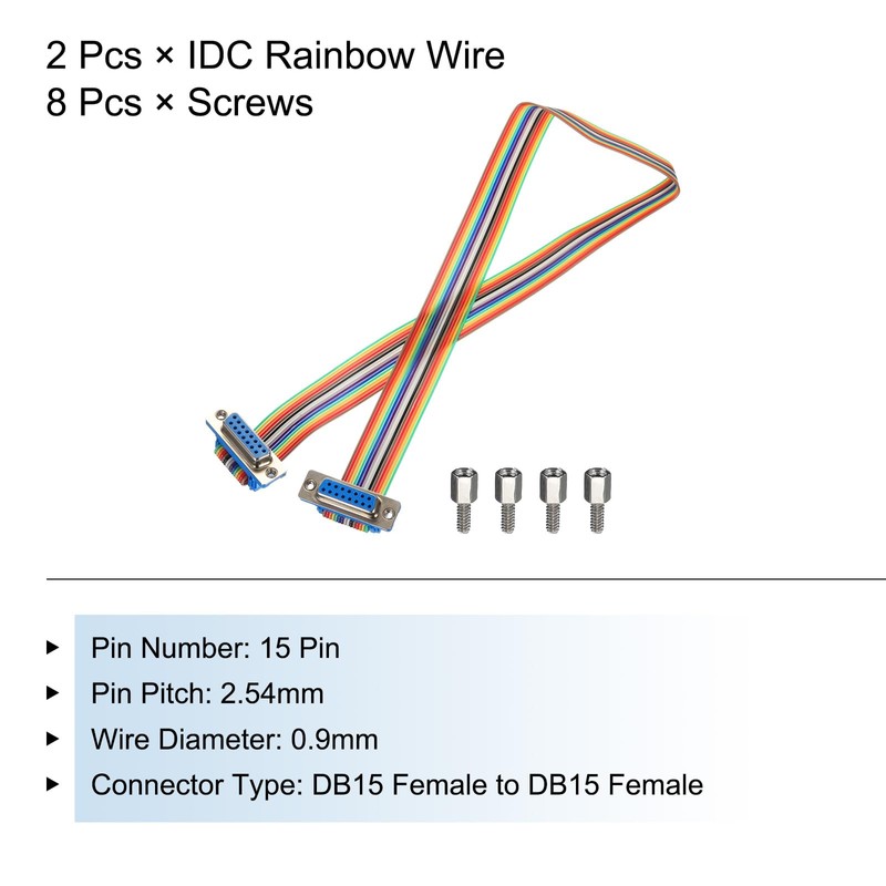MECCANIXITY 2 Pcs IDC Rainbow Wire Flat Ribbon Cable DB15