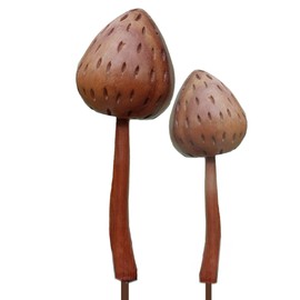 ART-CRAFT 2 Magic Mushroom Garden Stakes Decorative Mushrooms Made of Wood Carved by Hand 15 cm and 22 cm High