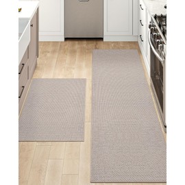 DEXI Kitchen Rugs Non Slip Washable, 24"x36"+24"x72" Set of 2, Soft Thin Kitchen Mats for Floor, Easy Clean Woven Kitchen Runner for Front of Sink, Laundry Room, Hallway, Beige