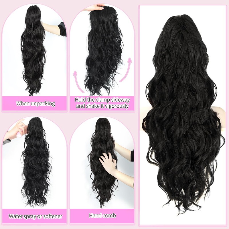LRSICAL Ponytail Extension, Claw Clip Ponytail Extensions Long Wave Black