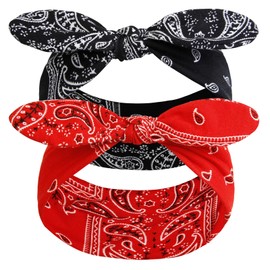 AIBFRID 2 Packs Bow Headbands for Women Girls, Boho Paisley Bandana Head Bands for Women’s Hair Non Slip, Cute Bunny Ears Headband Knotted Womens Hairbands Head Wraps Turban, Printed Black & Red