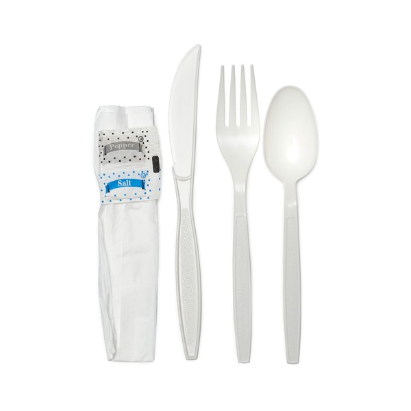 Disposable Individually Wrapped White Plastic Cutlery Kit - Heavy Duty Fork Spoon Knife Napkin Salt Pepper Set - 6 in 1 Meal Kit, Plastic Silverware, Utensil Set To Go, Catering Restaurants (500)