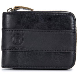 BULLCAPTAIN Genuine Leather Men Zipper Wallet Bifold RFID Blocking Wallet Large Capacity Multi Card Holder Coin Purse (Black)