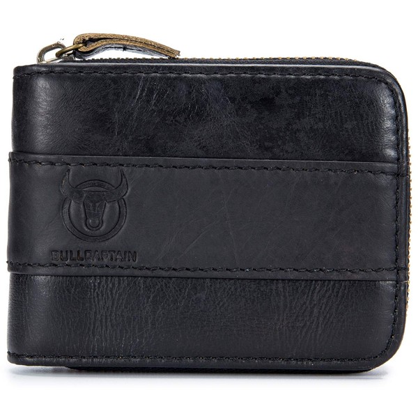 BULLCAPTAIN Genuine Leather Men Zipper Wallet Bifold RFID Blocking Wallet