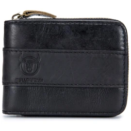 BULLCAPTAIN Genuine Leather Men Zipper Wallet Bifold RFID Blocking Wallet Large Capacity Multi Card Holder Coin Purse (Black)
