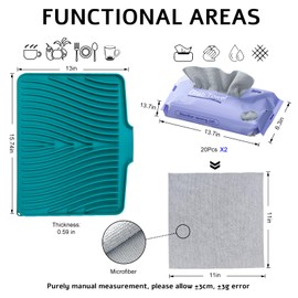 TIKNIK Silicone Dish Drying Mat, Stone Drying Mat for Kitchen Counter with Built-in Drain, Non-Slip 15.8" X 13" Drying Matt Kitchen Counter and Grey Microfiber Cleaning Cloth, Cleaning Rags Set(Green)