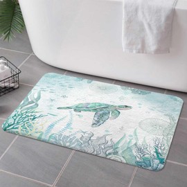 Sea Turtle Bath Rugs for Bathroom, Blue Teal Ocean Beach Nautical Coastal Fish Beachy Summer Animal Seashell Kids Non Slip Flannel Bathroom Rug, Dry Fast Water Absorbent Bath Mats, 17x29 Inch