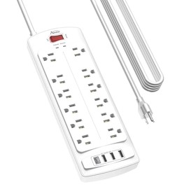 Regleta de enchufes, protector contra sobretensiones ALESTOR con 12 tomas de corriente y 4 puertos USB, cable de extensión de 20 pies (1875 W/15 A), 2700 julios, cumple con ETL, color blanco