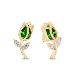 Pear & Marquise Shape Simulated Emerald & White Cubic Zirconia Stud Earrings In 14k Yellow Gold Over Sterling Silver