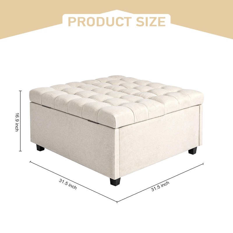 CangLong 31.5" Wide Square Storage Ottoman Bench, Upholstered Tufted Linen