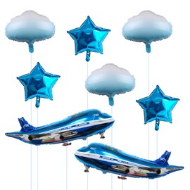 GOTPASS 31inch Large Airplane Balloons Set Airplane Aviator Adventure Themed Birthday Party Supplies Blue Adventure Theme Party Decoration (8 Pcs)