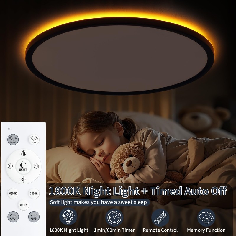 19 Inch Flush Mount Ceiling Light with Night Light, 45W