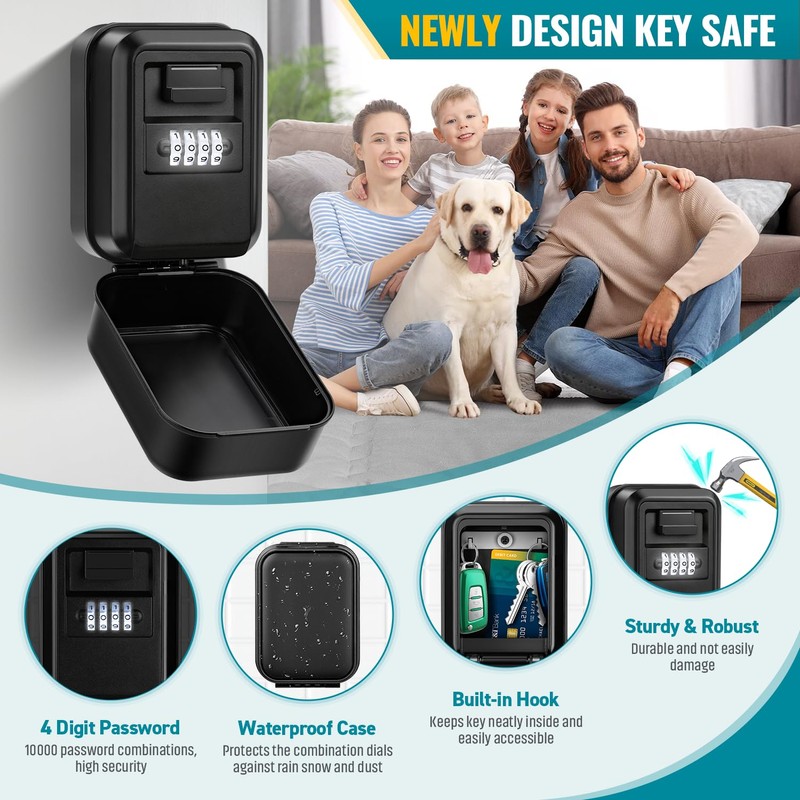 TEUEN Key Lock Box, Waterproof Wall Mount Lock Box for