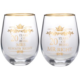 COFOZA Set of 2 20th Years Wedding Anniversary 15 Ounces Wine Glass Tumblers 20 Mr Right Mrs Always Right Anniversary Cups Present for Couples Parents Gifts