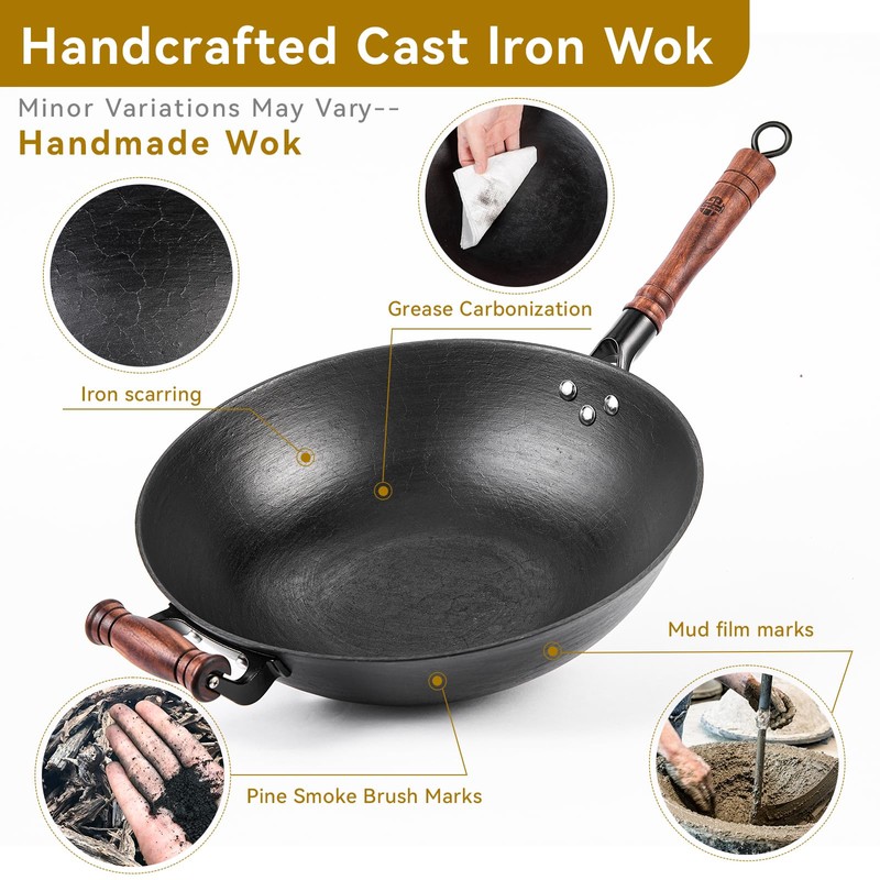 WANGYUANJI Cast Iron Wok,13.4 inch Flat Bottom Wok with Glass