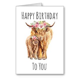 Highland Cow Birthday Card Flower Garland Mother and Baby (Envelope Included)
