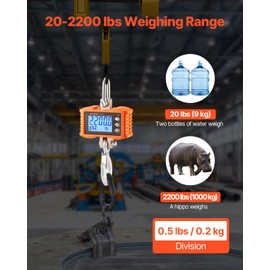 VEVOR Digital Crane Scale, 2200 lbs/1000 kg, Industrial Heavy Duty Hanging Scale with Remote Control, Cast Aluminum Case & LCD Screen, High Precision for Construction, Factory, Farm, Hunting (Orange)