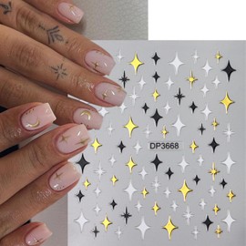 LRKNNO Gold Star Nail Art Stickers 8 Sheets Round Heart Stars Nails Self-Adhesive Pegatinas Uñas 3D Gold Nail Decals Gel Nail Art Design Supplies DIY Nail Stickers for Women Manicure Decorations