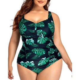 Daci Women Plus Size One Piece Swimsuits Tummy Control Vintage Ruched Bathing Suits Retro Swimwear, Green Leaves, 20 Plus