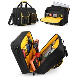 Marscamd Electrician Tool Bag with Laptop Sleeve, Tool Tote with Multiple Pockets for Technicians, Black