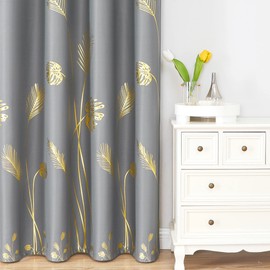 Estelar Textiler Gold and Grey Blackout Curtains with Palm Tree Pattern Light Blocking Noise Reducing Window Curtain Drapes for Bedroom and Sliding Glass Door, Grey, 52Wx72L, 2 Panels