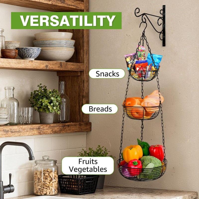 HULISEN 3 Tier Hanging Fruit Basket with Banana Hook, 36-Inch