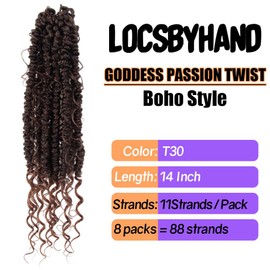 Boho Crochet Passion Twist Hair Pre looped, 14 Inch Goddess Passion Twist Crochet Hair with Curly Ends 8 Packs Ombre Light Brown Pre-twisted Bohemian Crochet Braids (8 PCS/88 STRANDS, T30)