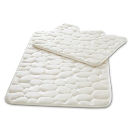 VELVETIO Pebbles Stone Bath Mat & Pedestal Set for Bathroom, Water Absorbent Non Slip 2 Piece Toilet Mats, Extra Soft Shower & Bathtub Rug, (50x80, 50x40 cm), Cream