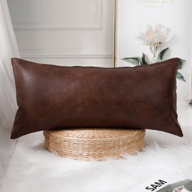 PANOD Decorative Lumbar Throw Pillow Covers 12 x 24,Premium Faux Leather Long Pillow Covers Cushion Case for Farmhouse Sofa Couch Bed Livingroom,Modern Boho,Vegan Dark Brown