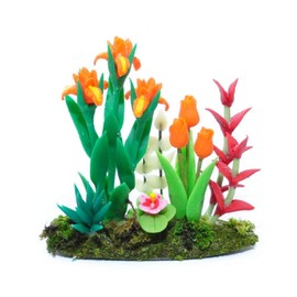 Melody Jane Dolls House Orange Iris and Tulip Flowers in Grass Ground Garden Accessory 1:12