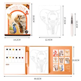 Three fold Watercolor Painting Book for Kids and Toddlers Ages 4-8, Pocket Cartoon Watercolor Paper Book with Paint Palette and Brush, Art Craft Gift for Drawing (Colorful Animals)