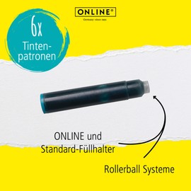 Online 17224/24 Standard-Tintenpatronen, universelle Füller-Tinte, kompatibel mit allen gängigen Standard-Füllern, Ersatz-Patronen für Füllhalter und Rollerball, 6 Stück, Farbe türkis