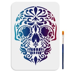 MAYJOYDIY Mandala Skull Stencil 11.8×11.8inch Large Floral Skull Stencils Reusable DIY Decorative Scary Skeleton Drawing Template with Paint Brush for Art Crafts Furniture Canvas Wall Wood