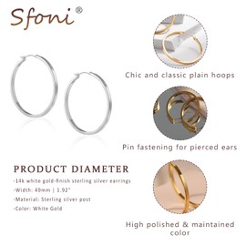 Chunky Silver Hoop Earrings, S925 Sterling Silver Hoop Earrings for Women Hypoallergenic Lightweight Big Hoops White Gold Plated Large Hoops Jewellery Birthday Gifts for Lady Girls, Silver, 49mm