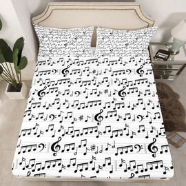 Music Fitted Sheet Twin Size Kids Musical Notes Bedding Set for Boys Girls Teens Staff Music Theme Bed Sheet Set Breathable Musical Staff Printed Bed Cover Deep Pocket White and Black