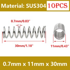 Qrity Pack of 10 compression springs, stainless steel coil springs, 304 steel spring, 0.7 x 11 x 30 mm spring, compression spring for replacement and repair