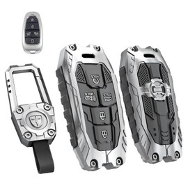 WKIOERAD Heavy Zinc Alloy Key fob Case Cover with Keychain Compatible with Hyundai Sonata Santa Fe Tucson Key Shell Accessories (5 Button Silver)