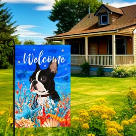 Dacawin Welcome Summer Garden Flag Bulldog Blue Water Colorful Sea Star Coral Shell Pool Banner Sea Turtle Black White Dog Swimming Parties Seasonal Holiday Vacation Beach Sunshine Decor 12x18 Inch